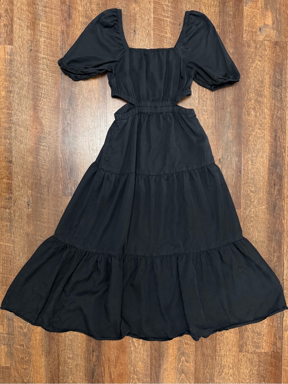 The Drop Black Cutout Midi Dress XS Puff Sleeve Tiered Cottagecore